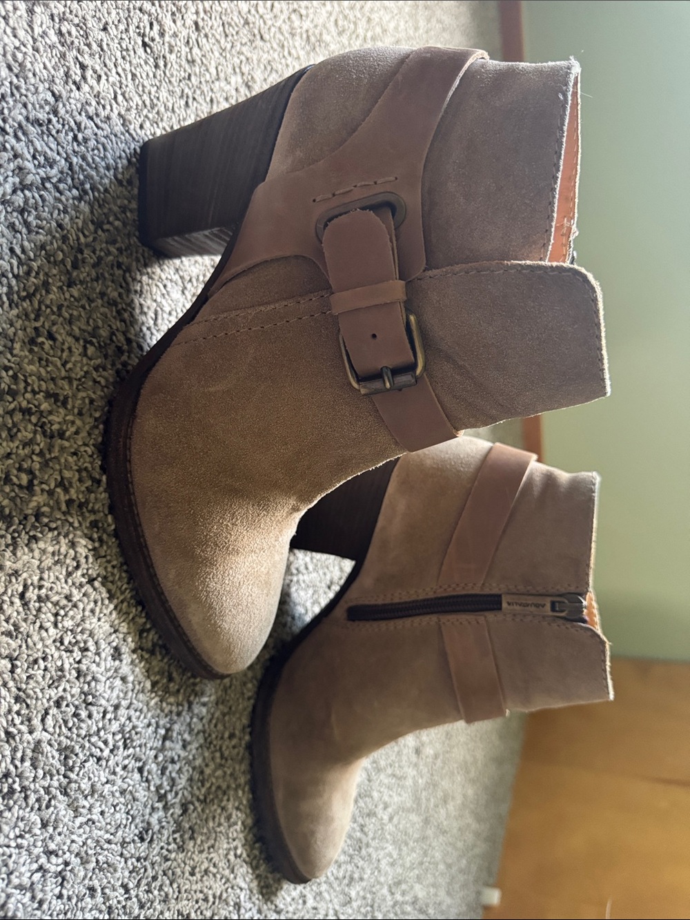 Aquatalia Taupe Suede Buckle Ankle Booties
